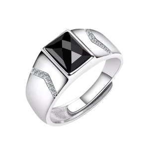 925 Sterling Silver Cushion Cut Black Onyx Gemstone and Zircon Stone Men Adjustable Agate Ring