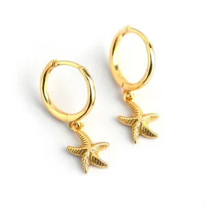 925 Sterling Silver Cute Summer Ocean Fine Jewelry Starfish Charm Dangle Hoop Drop Earrings 18K Gold Plated