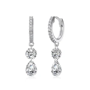 925 Sterling Silver Double 5A Cubic Zirconia Clip-On Hoop Dangle Earrings