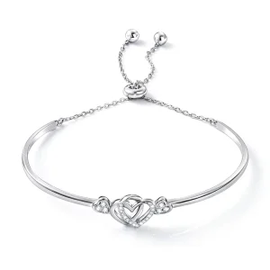 925 Sterling Silver Double Heart Charm Adjustable Bracelet for Women