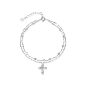 925 Sterling Silver Double-Layer Stackable Crucifix Cross and Bean Chain Bracelet
