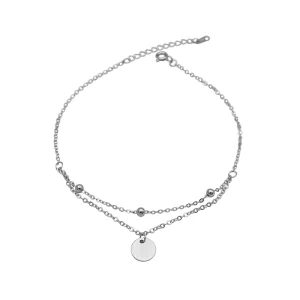 925 Sterling Silver Double Layered Anklet Round Pendant Chain Charm Bead