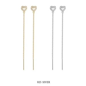 925 Sterling Silver Earrings Gold Plated Heart Zircon Chain Tassel Stud for Women