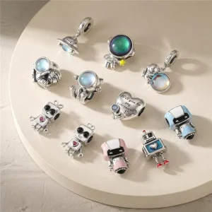 925 Sterling Silver Enamel Astronaut Robot Pendant Charms DIY Jewelry Making Custom Charm Beads