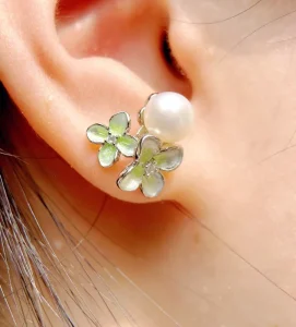 925 Sterling Silver Enamel Petal Pearl Stud Earrings for Women