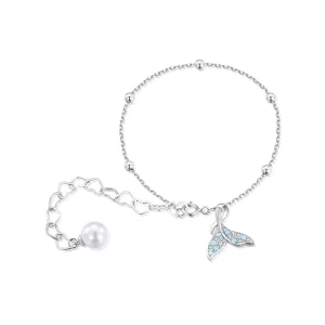 925 Sterling Silver Fishtail Adjustable Bracelet Blue Zircon Shell Pearl Heart Buckle Chain Link SCB257
