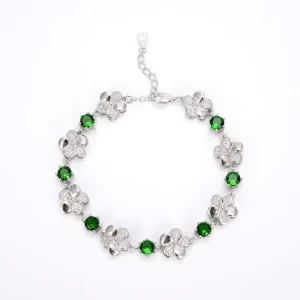 925 Sterling Silver Flower Bracelet with Ruby Zircon Adjustable Bangle for Women
