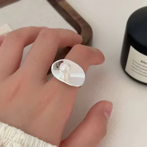 925 Sterling Silver Geometric Freshwater Pearl Oval Round Ring for Women and Girls