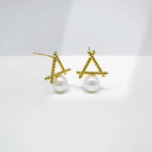 925 Sterling Silver Geometric Pearl Earrings, 14K Gold Plated, Wedding Retro Handmade