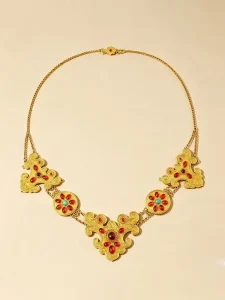 925 Sterling Silver Gold-Plated Boho Statement Necklace with Multicolor Gems, Ornate Ethnic Wedding Party Jewelry