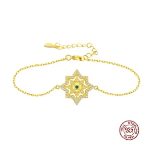 925 Sterling Silver Gold-Plated Cubic Zirconia Star Engraved Chain Charm Bracelet