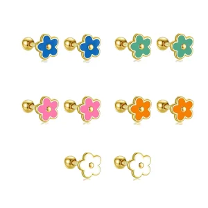925 Sterling Silver Gold-Plated Enamel Flower Stud Earrings