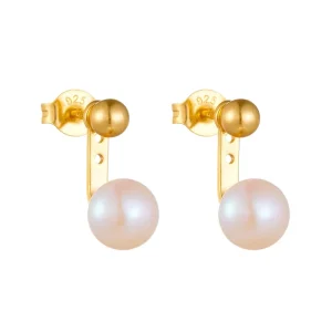 925 Sterling Silver Gold Plated Freshwater Pearl Front-and-Back Two-Way Stud Earrings