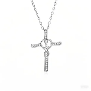 925 Sterling Silver Heart-Shaped Cross-Shaped Diamond Zircon Pendant Necklace Adjustable