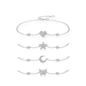 925 Sterling Silver Heart Star Moon Butterfly Charm Bracelet