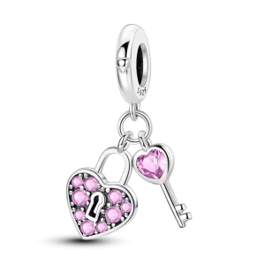 925 Sterling Silver Key and Lock Pendant Charm with Zircon and Pink Heart Pattern