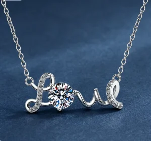 925 Sterling Silver LOVE Letter Moissanite Pendant Chain Necklace for Women