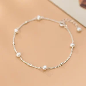 925 Sterling Silver Link Chain Freshwater Pearl Beaded Bracelet for Women