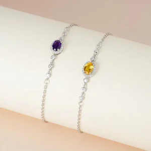 925 Sterling Silver Natural Crystal Oval Cut Amethyst and Citrine Bracelet
