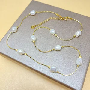 925 Sterling Silver Natural Freshwater Pearl Necklace with Gold-Plated Interval Beads for Women