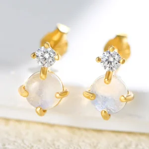 925 Sterling Silver Natural Moonstone 14K Gold Stud Earrings