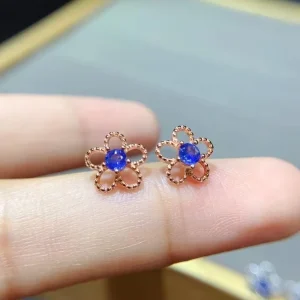 925 Sterling Silver Natural Sri Lankan Sapphire Floral Stud Earrings