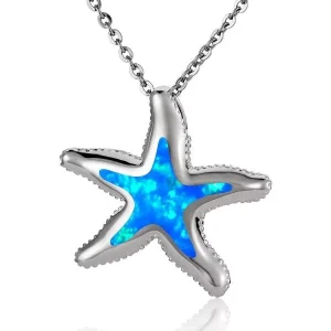 925 Sterling Silver Ocean Blue Opal Starfish Pendant Sea Star Necklace