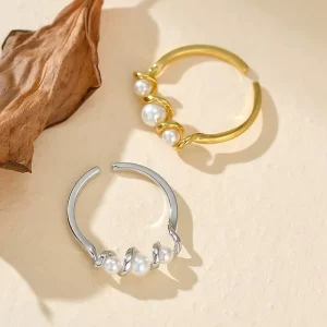 925 Sterling Silver Pearl Ring with 18K Gold-Plated Twist Design for Women