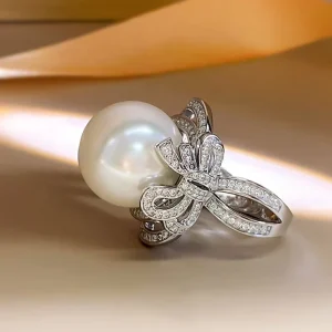 925 Sterling Silver Pearl Zircon Ring Band with Cubic Zirconia for Women