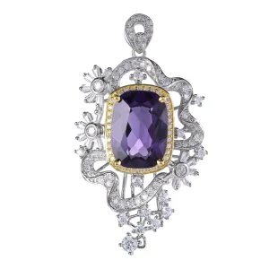 925 Sterling Silver Pendant for Women Rhodium Plated Cushion Cut Natural Amethyst Crystal Jewelry Charm