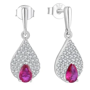 925 Sterling Silver Pink Sapphire Teardrop Earrings with Rhodium-Plated Zirconia Halo