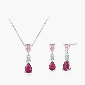 925 Sterling Silver Pink Water Droplet Zircon Pendant Necklace and Earring Set for Women