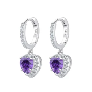 925 Sterling Silver Purple Zircon Heart-Shaped Hoop Dangle Earrings for Women