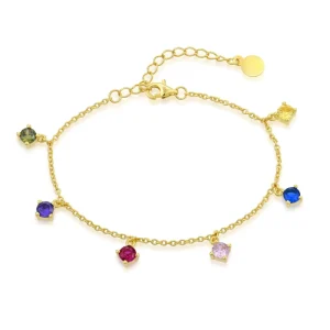 925 Sterling Silver Rainbow CZ Station Chain Bracelet Gold Plated