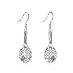 925 Sterling Silver Rhodium Plated Tennis Racket Dangle Hook Earrings