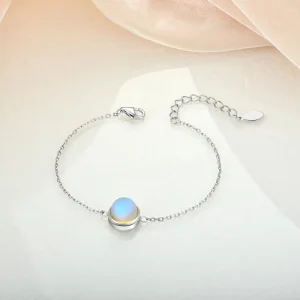 925 Sterling Silver Round Natural Moonstone Bezel Set Thin Chain Adjustable Bracelet