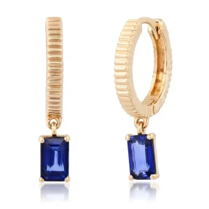 925 Sterling Silver Sapphire Baguette Dangling Hoop Earrings