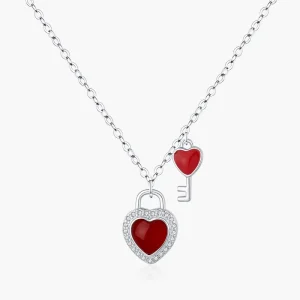 925 Sterling Silver Simulated Garnet Heart Lock Key Pendant Necklace for Women