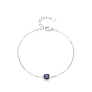 925 Sterling Silver Simulated Sapphire Square Diamond Rhodium Chain Link Bracelet