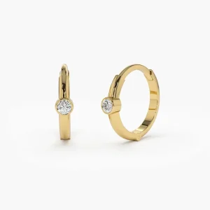 925 Sterling Silver Single Bezel Diamond CZ Hoop Earrings, 14K Gold-Plated, for Women