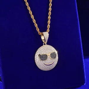 925 Sterling Silver Smile Face Pendant with Black CZ, Gold Plated