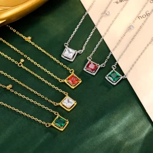 925 Sterling Silver Square Colorful Stone Pendant Necklace for Women