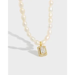 925 Sterling Silver Square Cubic Zircon Freshwater Pearl Beaded Necklace for Women Wedding Jewelry