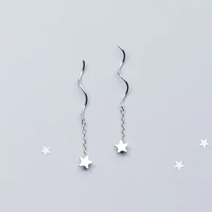 925 Sterling Silver Star Long Wave Chain Dangle Earrings for Women