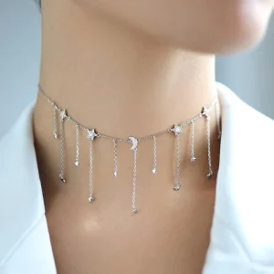 925 Sterling Silver Star Sign Tassel Moon Star Choker Necklace