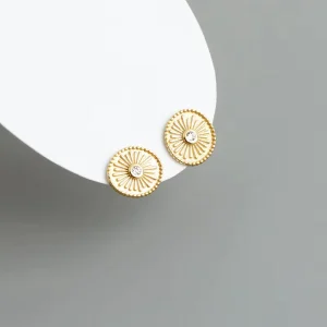925 Sterling Silver Stud Earrings, Round Sun Coin Pattern, for Women