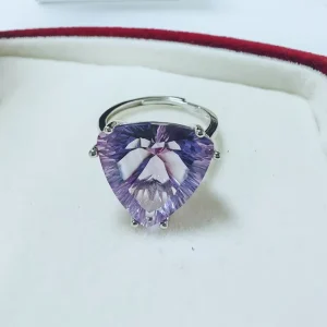 925 Sterling Silver Triangle-Cut Six-Claw Setting Natural Amethyst Ring February Birthstone