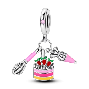 925 Sterling Silver Whisk and Icing Tools Cake Charm Pendant with Zircon for Bracelet
