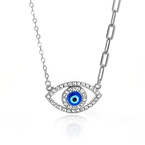 925 Sterling Silver Women’s Devilish Eye Charm Necklace Rhodium Plated Link Chain