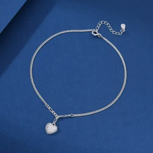 925 Sterling Silver Women’s Trendy Heart Charm Anklet Bracelet Fine Gold with Cubic Zirconia Inlay for Parties